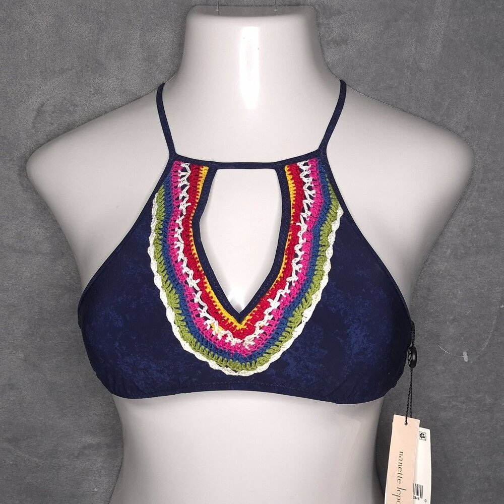 Nanette Lepore Swim XS Navy Crochet Trim Halter Bikini Top Adjustable Back Ties